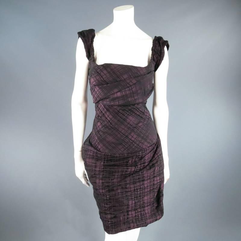 Gorgeous RED LABEL by VIVIENNE WESTWOOD cocktail dress. This high fashion style comes in a beautiful plum burgundy semi matte textured satin material with abstract black plaid grid print and features a draped and pleated bust, thick ruched straps