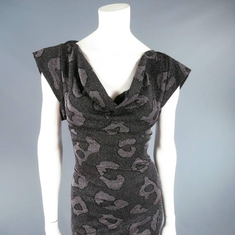 Fabulous RED LABEL by VIVIENNE WESTWOOD midi cocktail dress. This chic style comes in a gorgeous charcoal silver sparkly leopard cheetah Lurex knit and features a unique structured short sleeve, draped neckline that can be worn off the shoulder, and