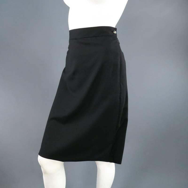 Ultra chic RED LABEL by VIVIENNE WESTWOOD pencil skirt. This unique Westwood style comes in a black wool blend and features a classic silhouette with unique pleat and drape details, Saturn button, and asymmetrical drape hemline. A fabulous departure