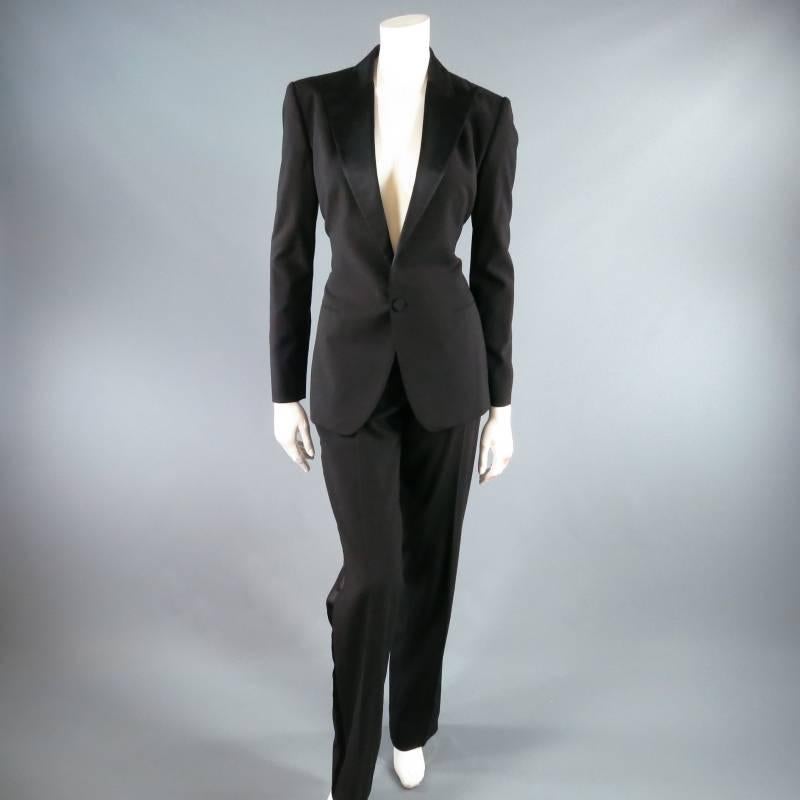This Tuxedo includes:

Ultra chic BLACK LABEL by RALPH LAUREN tuxedo jacket. This modern classic comes in a light weight black wool and features a satin peak lapel, single button closure, buttoned collar detail, and full lining. Matching pants