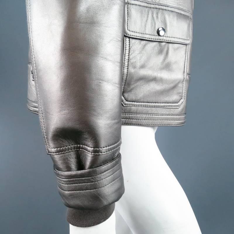 Women's RLX by RALPH LAUREN Size L Metalic Silver Leather Lamb Skin Shearling Jacket