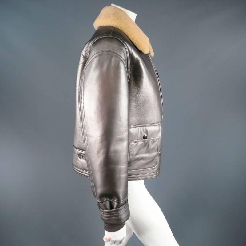 RLX by RALPH LAUREN Size L Metalic Silver Leather Lamb Skin Shearling Jacket In Excellent Condition In San Francisco, CA