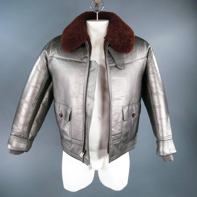 Men's RLX by RALPH LAUREN Mens 42 Metallic Silver Leather Brown Sharling Collar Jacket