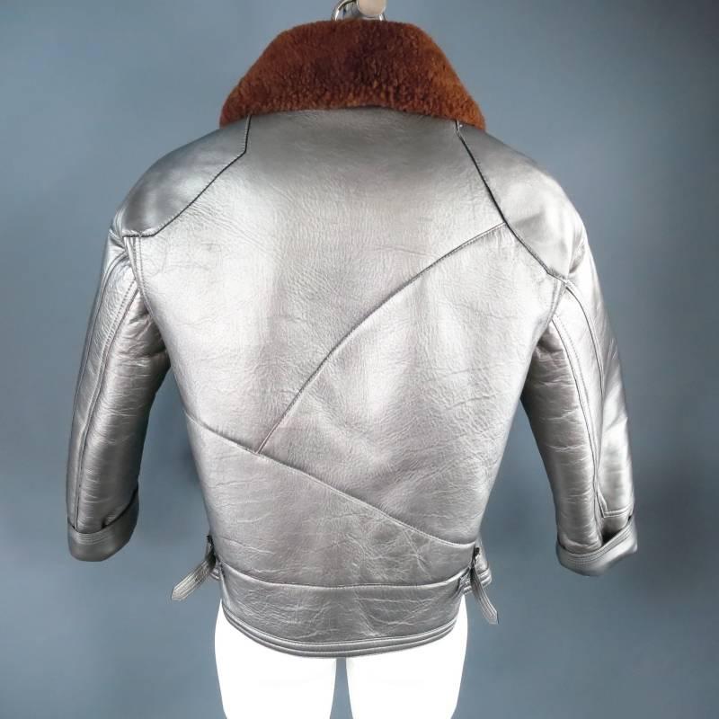 RLX by RALPH LAUREN Mens 42 Metallic Silver Leather Brown Sharling Collar Jacket In Excellent Condition In San Francisco, CA