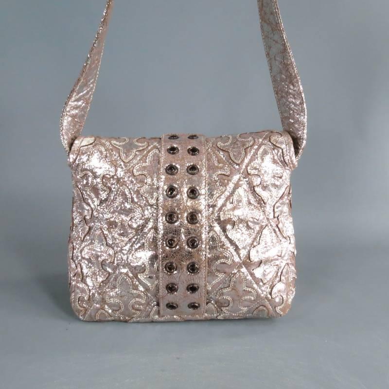 CHROME HEARTS Metallic Silver Quilted Textured Leather Buckle Shoulder Hand- Bag In Excellent Condition In San Francisco, CA