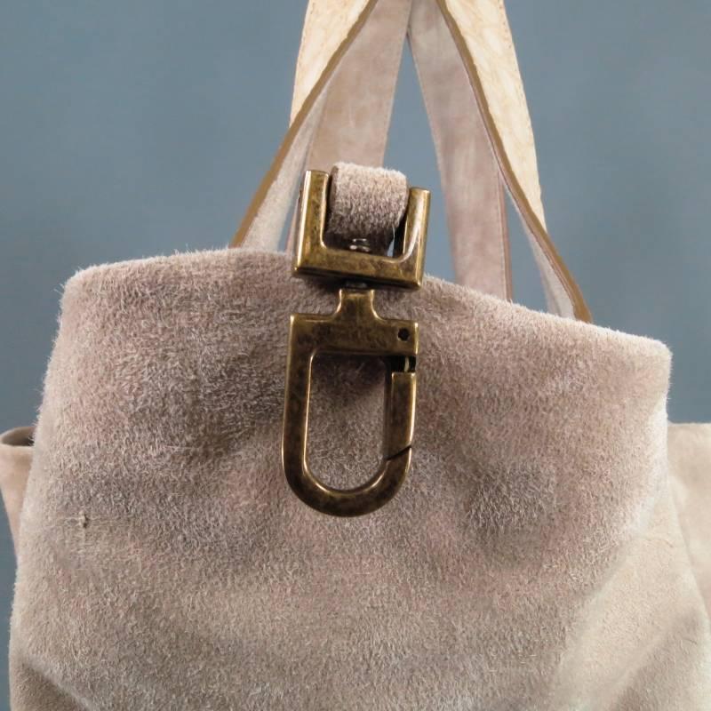 BRUNELLO CUCINELLI Beige Suede Croc Embossed Handles Tote Handbag 1