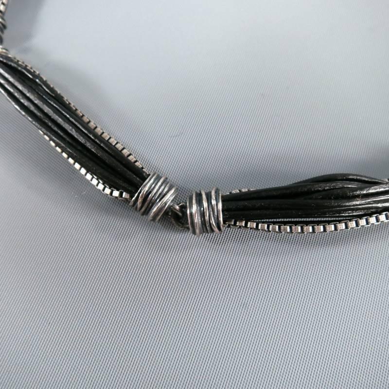 EMPORIO ARMANI Necklace Silver & Black Sterling Silver Leather Chain In Excellent Condition In San Francisco, CA