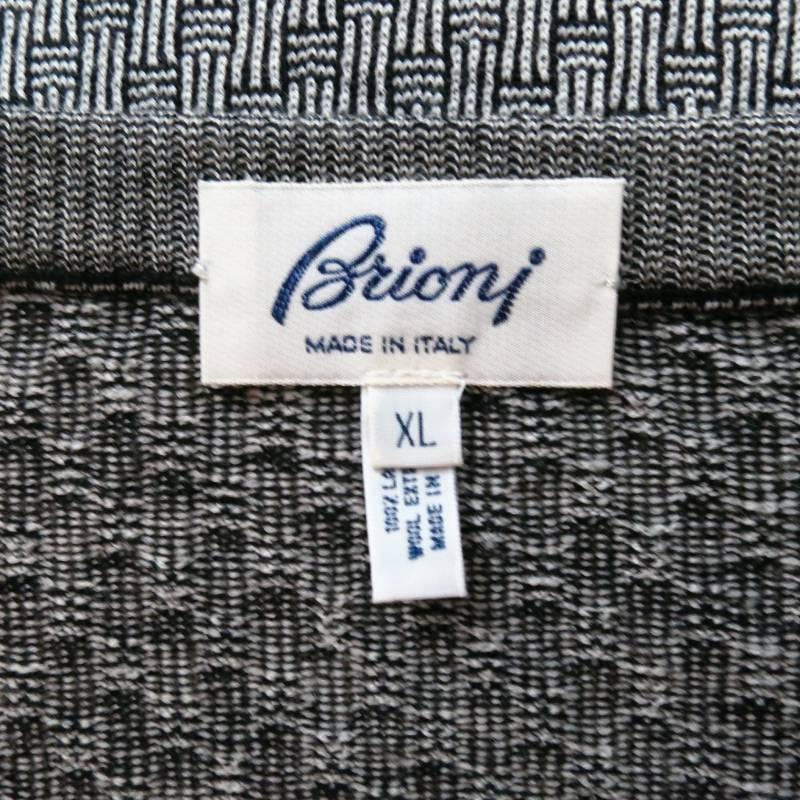 Gray BRIONI Size XL Black & White Woven Pattern Wool V Neck Pullover