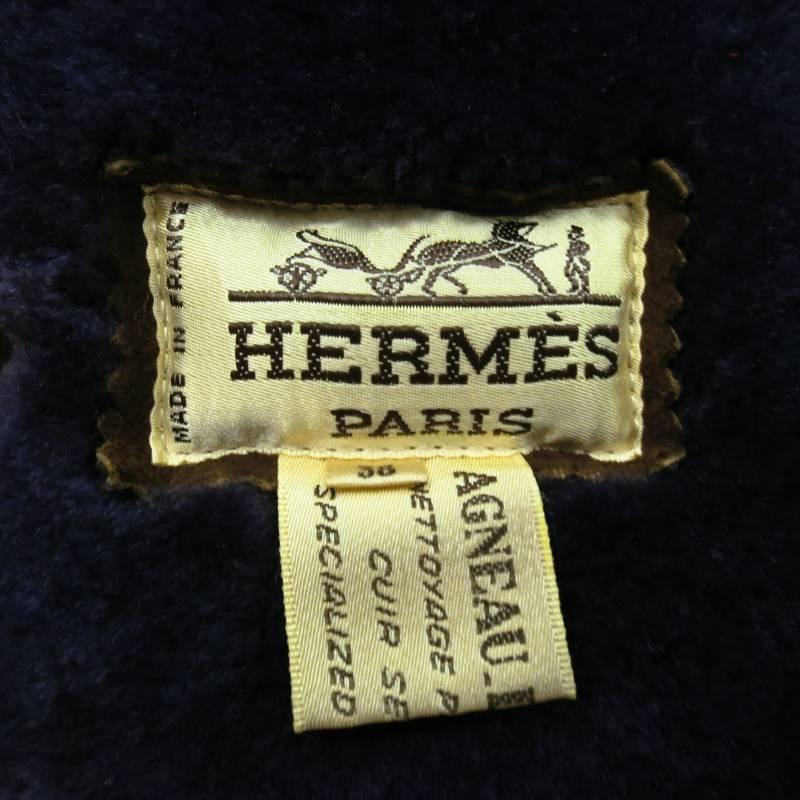 Vintage HERMES Size 6 Brown Suede Purple Shearling Button Up Patch Coat 3