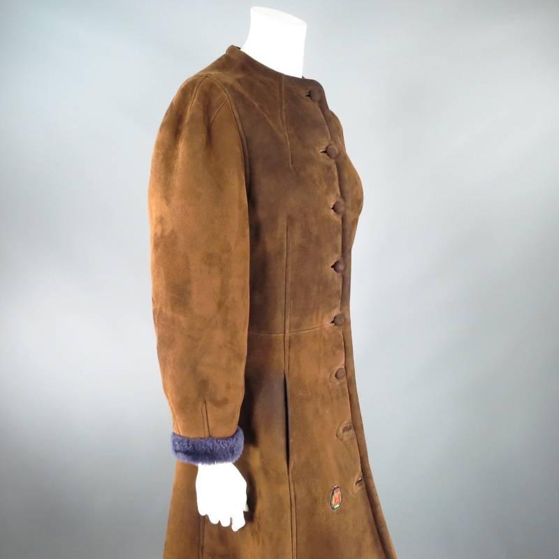 Vintage HERMES Size 6 Brown Suede Purple Shearling Button Up Patch Coat 1