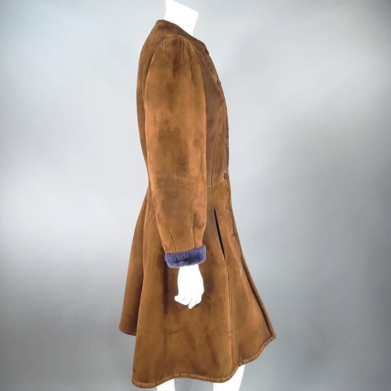Women's Vintage HERMES Size 6 Brown Suede Purple Shearling Button Up Patch Coat