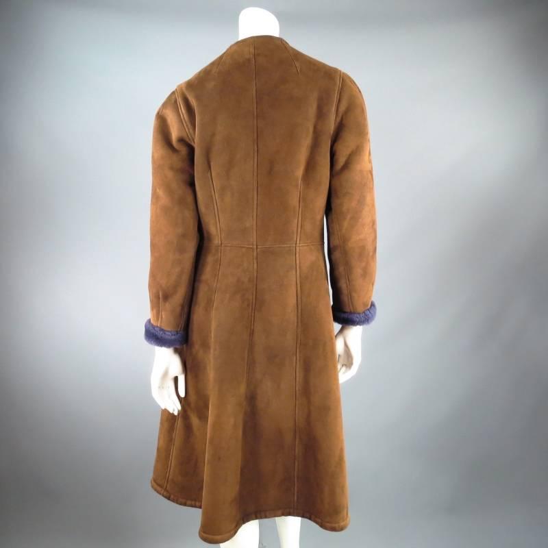 Vintage HERMES Size 6 Brown Suede Purple Shearling Button Up Patch Coat In Good Condition In San Francisco, CA