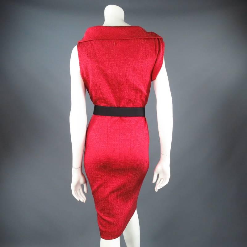 Women's OSCAR DE LA RENTA Size 12 Red Textured Asymmetrical Boat Neck Cocktail Dress