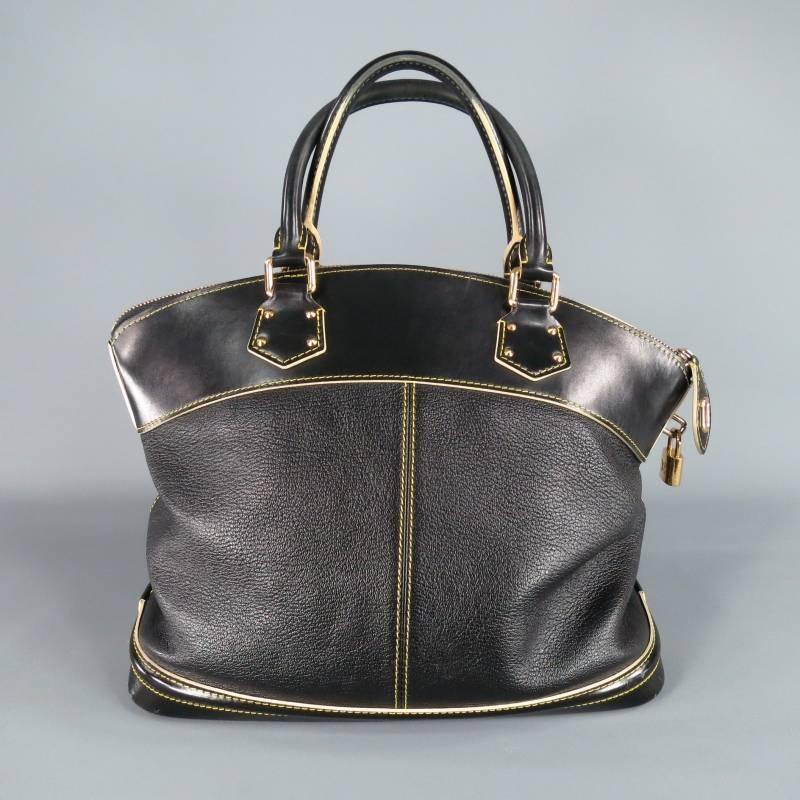 LOUIS VUITTON Black Leather Cuir Suhali Yellow Stitching Lock Handbag