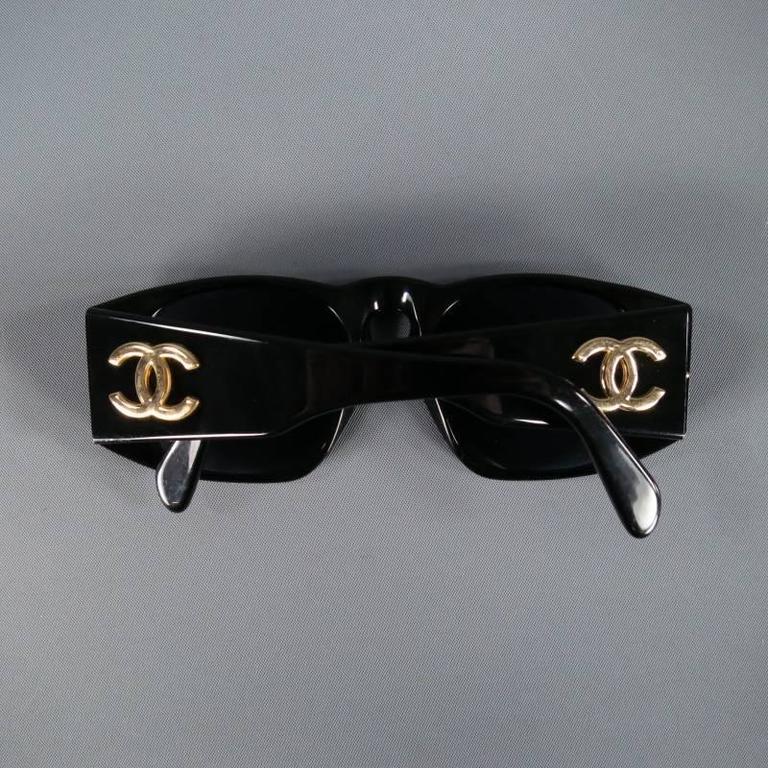 Vintage CHANEL Black Acetate Gold CC Logo 01451 Sunglasses at 1stDibs