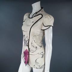 PRADA Size 6 Cream Fairy Graphic Silk Asymmetrical Snap Blouse Spring 2008