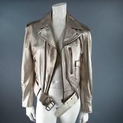 RALPH LAUREN COLLECTION 8 Champagne Silver Metallic Leather Motorcycle Jacket