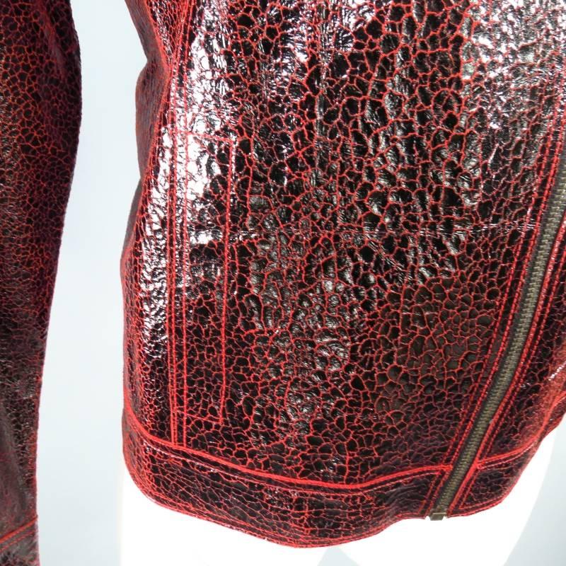 New ROBERTO CAVALLI Men's 44 Leather Black & Red Crackle Leather Jacket 3