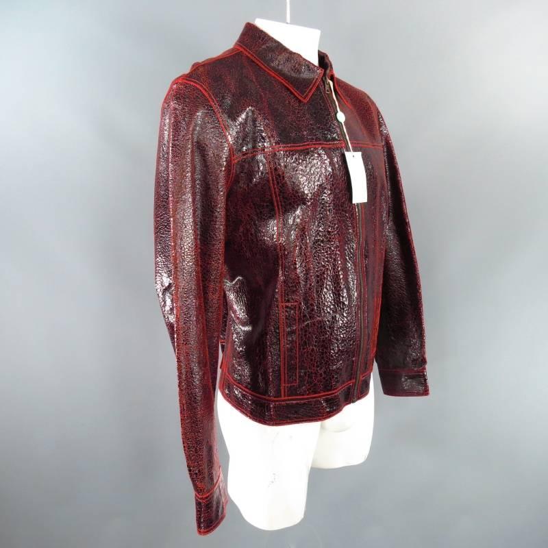 New ROBERTO CAVALLI Men's 44 Leather Black & Red Crackle Leather Jacket 1