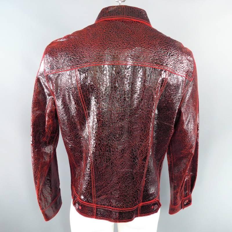 New ROBERTO CAVALLI Men's 44 Leather Black & Red Crackle Leather Jacket 2
