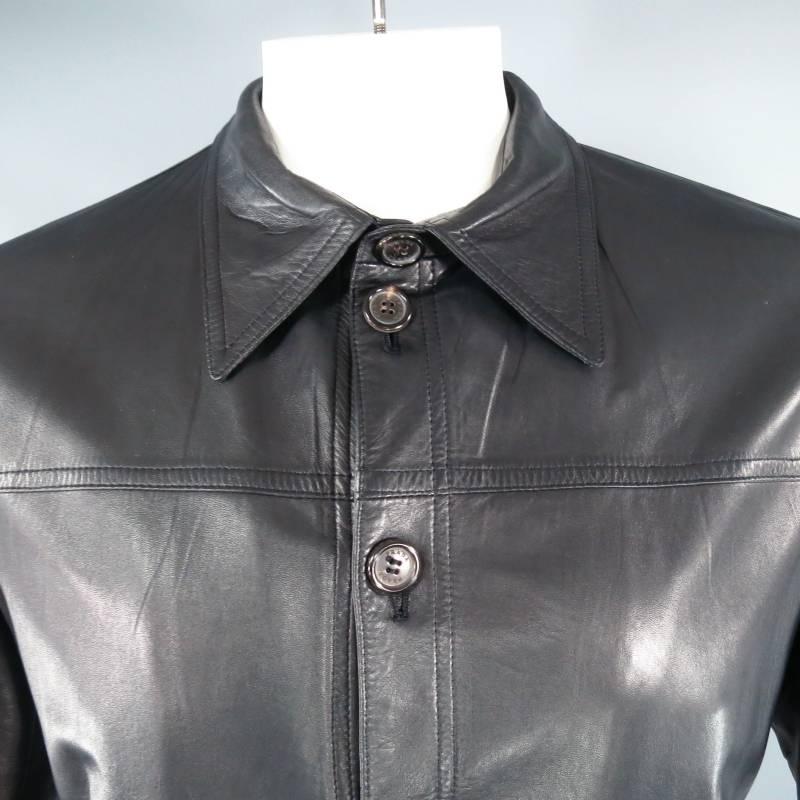 PRADA Men's 44 Long Black Leather Collared Button Up Coat In Excellent Condition In San Francisco, CA