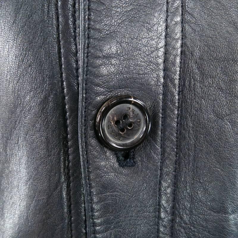PRADA Men's 44 Long Black Leather Collared Button Up Coat 1