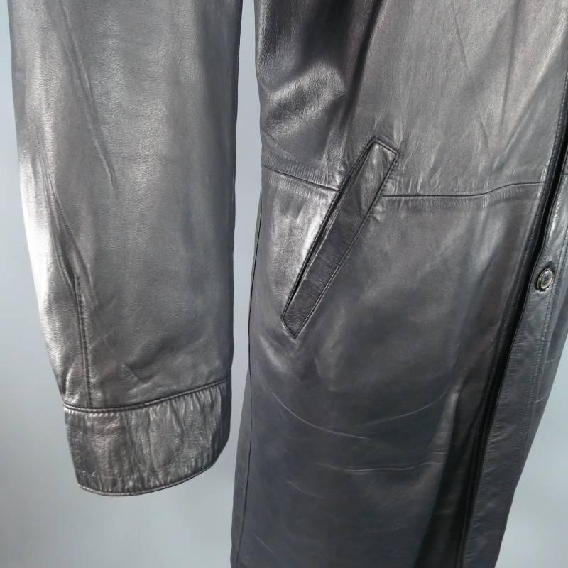 PRADA Men's 44 Long Black Leather Collared Button Up Coat 2