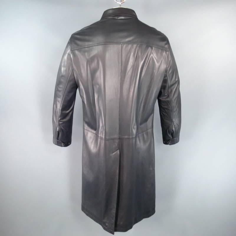 Gray PRADA Men's 44 Long Black Leather Collared Button Up Coat