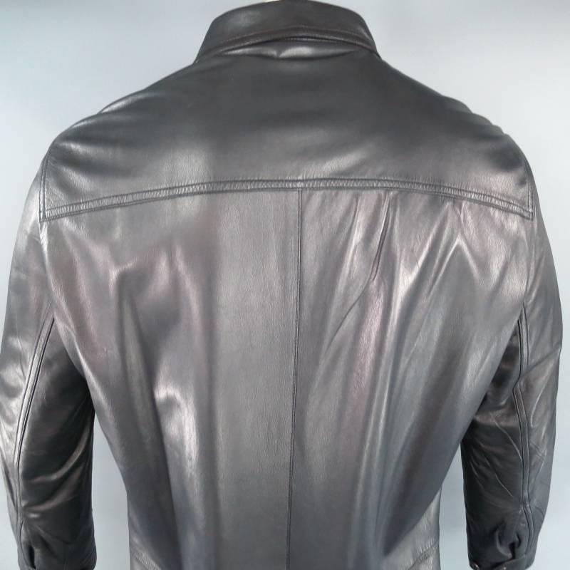 PRADA Men's 44 Long Black Leather Collared Button Up Coat 3