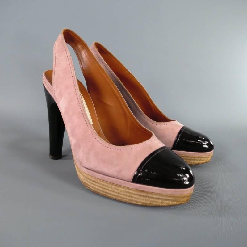 Fabulous Spring 2009 Collection platform pumps by LANVIN. This chic style comes in a gorgeous dusty rose mauve nubuck and feature a black patent leather cap toe with  light stacked platform, sling-back, and structural glossy black heel. In great