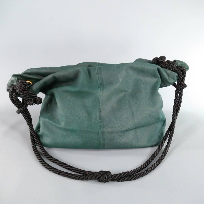 DONNA KARAN Emerald Green Matte Leather Snap Black Rope Shoulder Bag 2