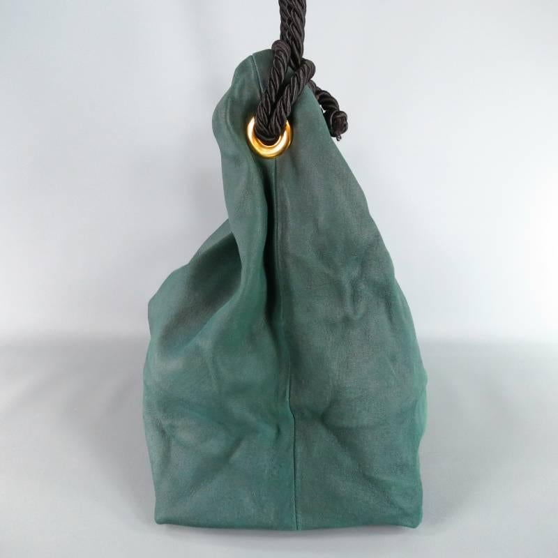 DONNA KARAN Emerald Green Matte Leather Snap Black Rope Shoulder Bag In Excellent Condition In San Francisco, CA