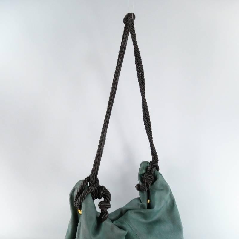 Women's DONNA KARAN Emerald Green Matte Leather Snap Black Rope Shoulder Bag