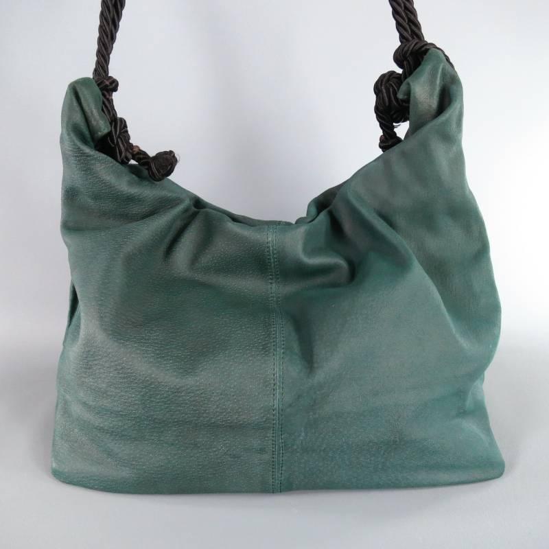 DONNA KARAN Emerald Green Matte Leather Snap Black Rope Shoulder Bag 4