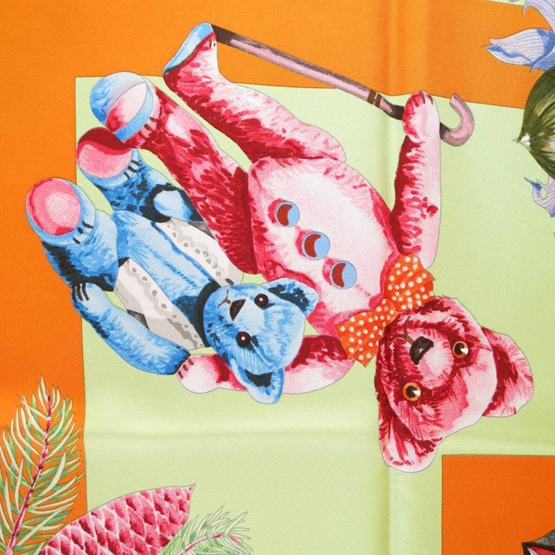 HERMES Orange Silk -Confidents des Coeurs- Red and Blue Teddy Bear Scarf at 1stdibs