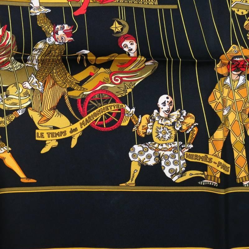 HERMES Black & Gold Silk -Le Temps des Marionettes- Scarve 1