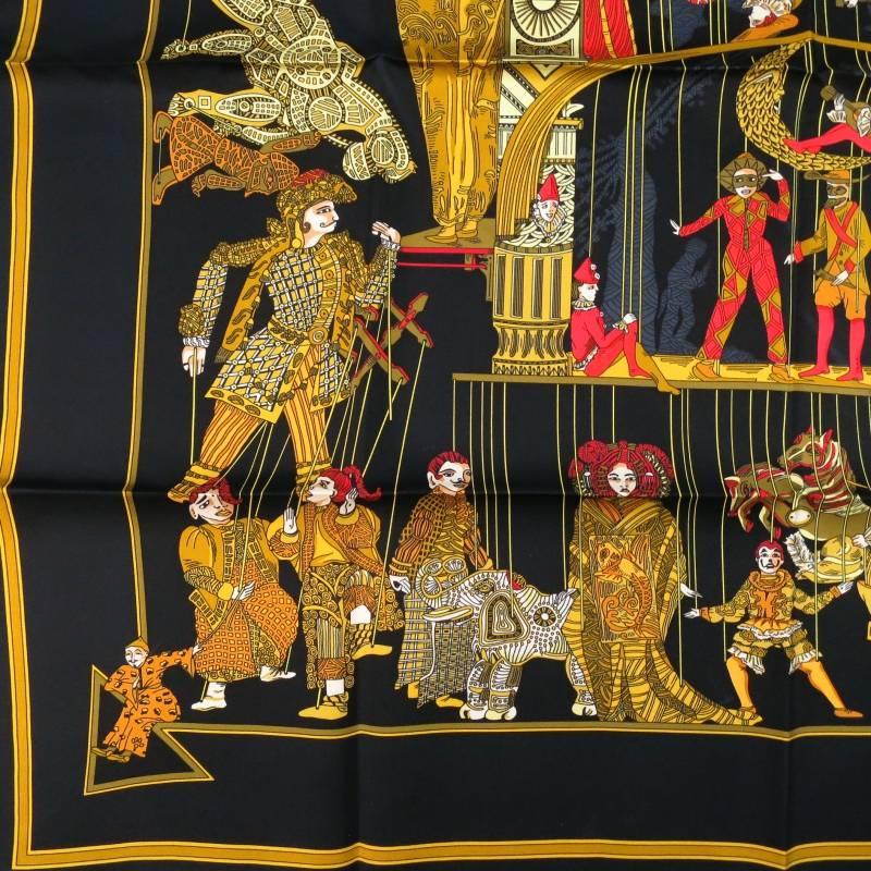 HERMES Black & Gold Silk -Le Temps des Marionettes- Scarve 2