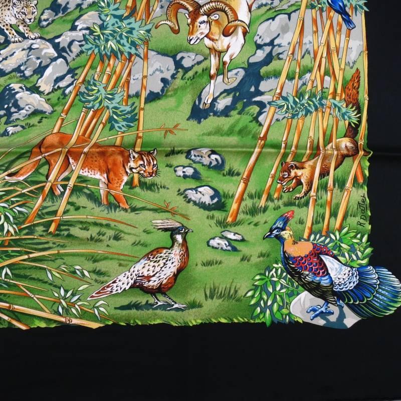 HERMES Black Silk Scarves Sichuana Wildlife Animals In China Print at