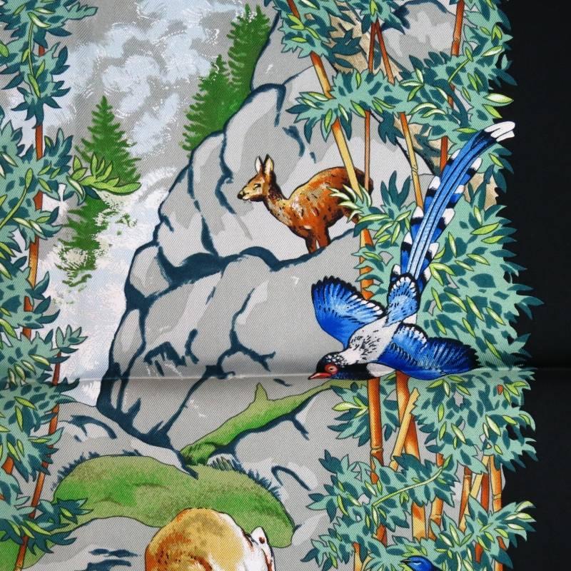 HERMES Black Silk Scarves Sichuana Wildlife Animals In China Print In Excellent Condition In San Francisco, CA