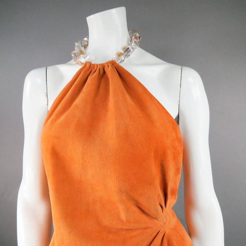 Women's OSCAR DE LA RENTA Size 6 Orange Suede Clear Beaded Halter Dress Top