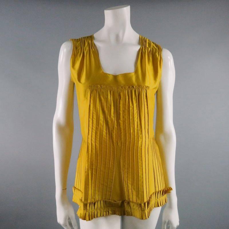 Women's OSCAR DE LA RENTA Size 6 Yellow Silk Pleated Sleevless Dress Top