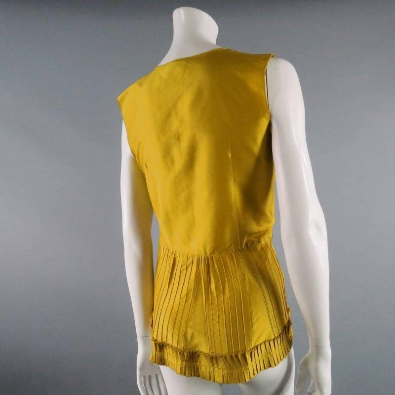 Brown OSCAR DE LA RENTA Size 6 Yellow Silk Pleated Sleevless Dress Top