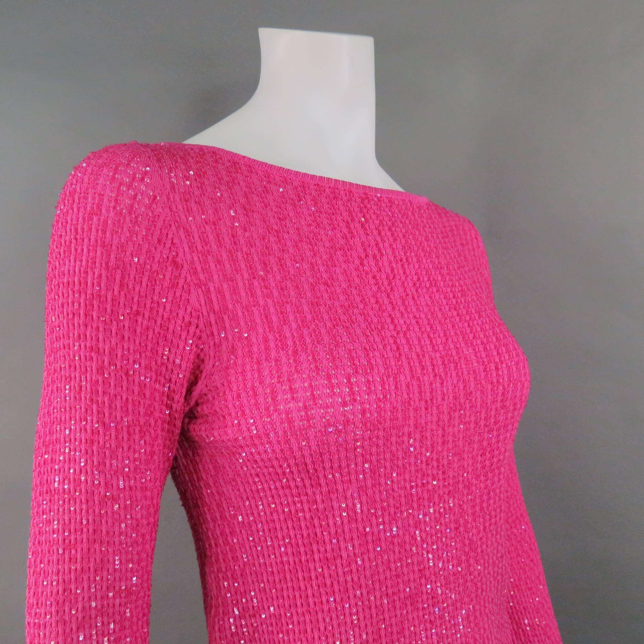OSCAR DE LA RENTA Size M Fuschia Pink Silk Beaded Knit Scoop Neck Dress Top 1