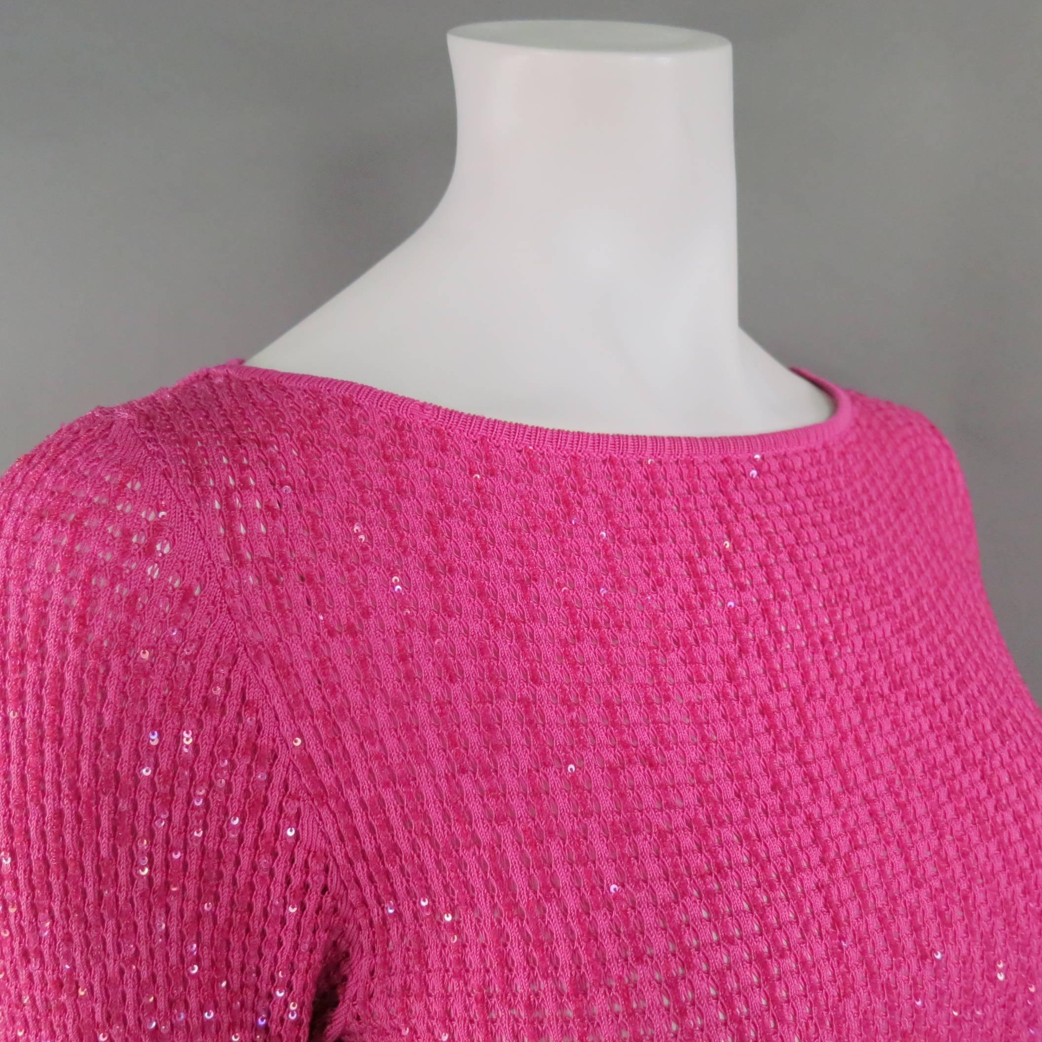 Women's OSCAR DE LA RENTA Size M Fuschia Pink Silk Beaded Knit Scoop Neck Dress Top