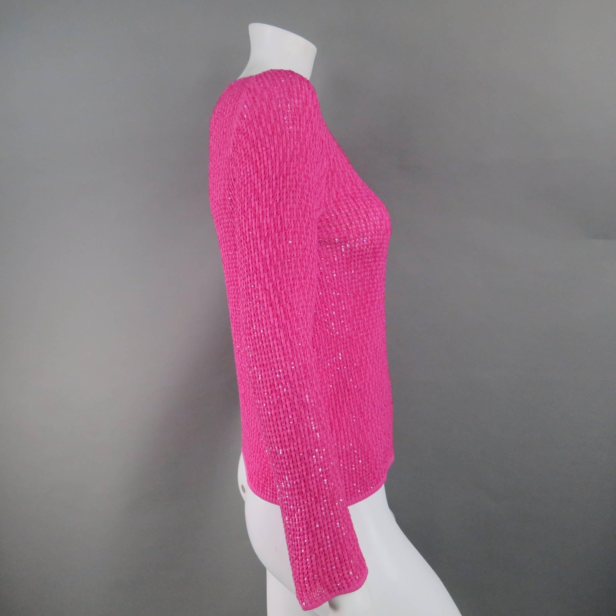 OSCAR DE LA RENTA Size M Fuschia Pink Silk Beaded Knit Scoop Neck Dress Top 2