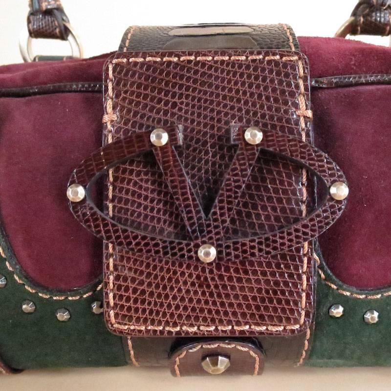 VALENTINO Burgundy & Green Suede Brown Snake  V Logo Top Handles Handbag 1