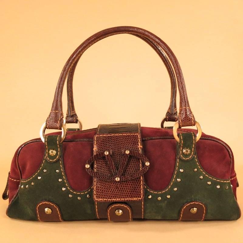 VALENTINO Burgundy & Green Suede Brown Snake  V Logo Top Handles Handbag 4