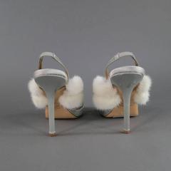 VALENTINO Size 10 Silver Silk Mink Strap Rhinestone Slingback Platform Sandals