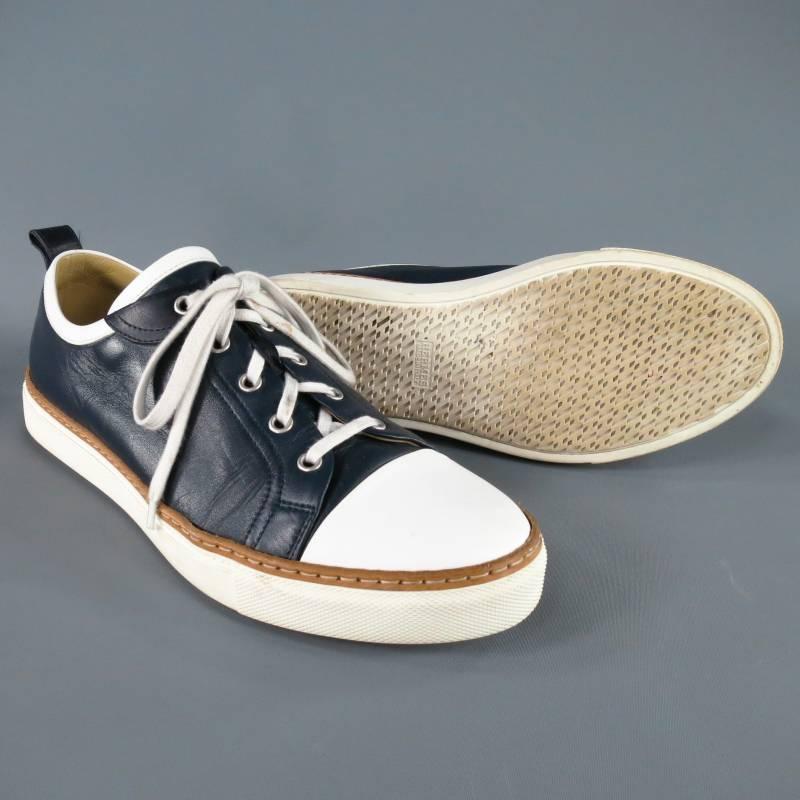 HERMES Size 9 Navy & White Cap Toe Leather Sneakers 2