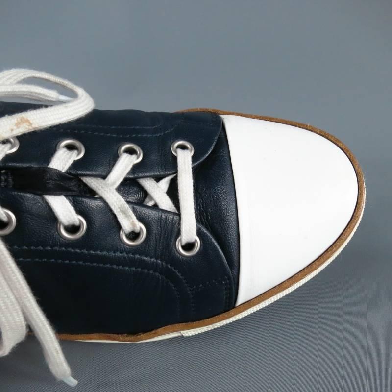 Men's HERMES Size 9 Navy & White Cap Toe Leather Sneakers